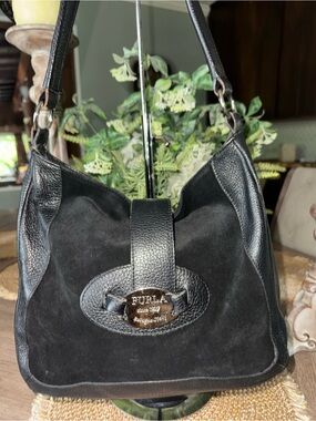 EUC Furla Black Pebbled Leather with Suede Accehts & Silver Hardware- STUNNING